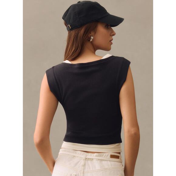 NWT Anthropologie Daily Practice Ariel Tank Short Sleeve Top Black White XL - Picture 3 of 10